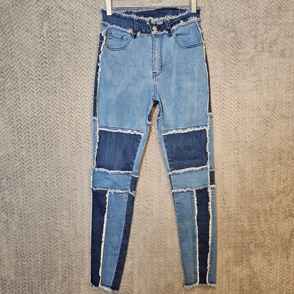 Womens Patchwork Skinny Jeans High Waisted Raw Frayed Edge Multi Blue Denim 26in